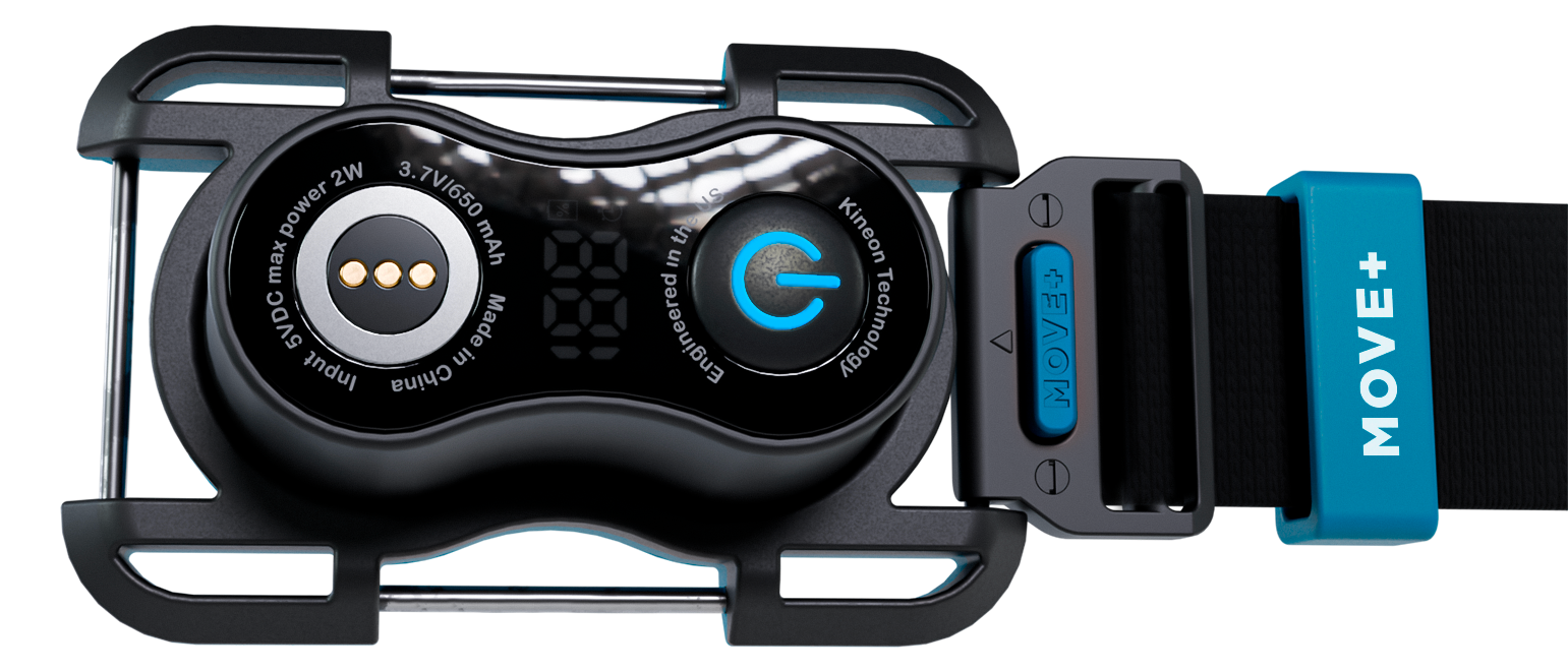 Close-up of the Kineon Move+ module, connector, and adjustable strap system.